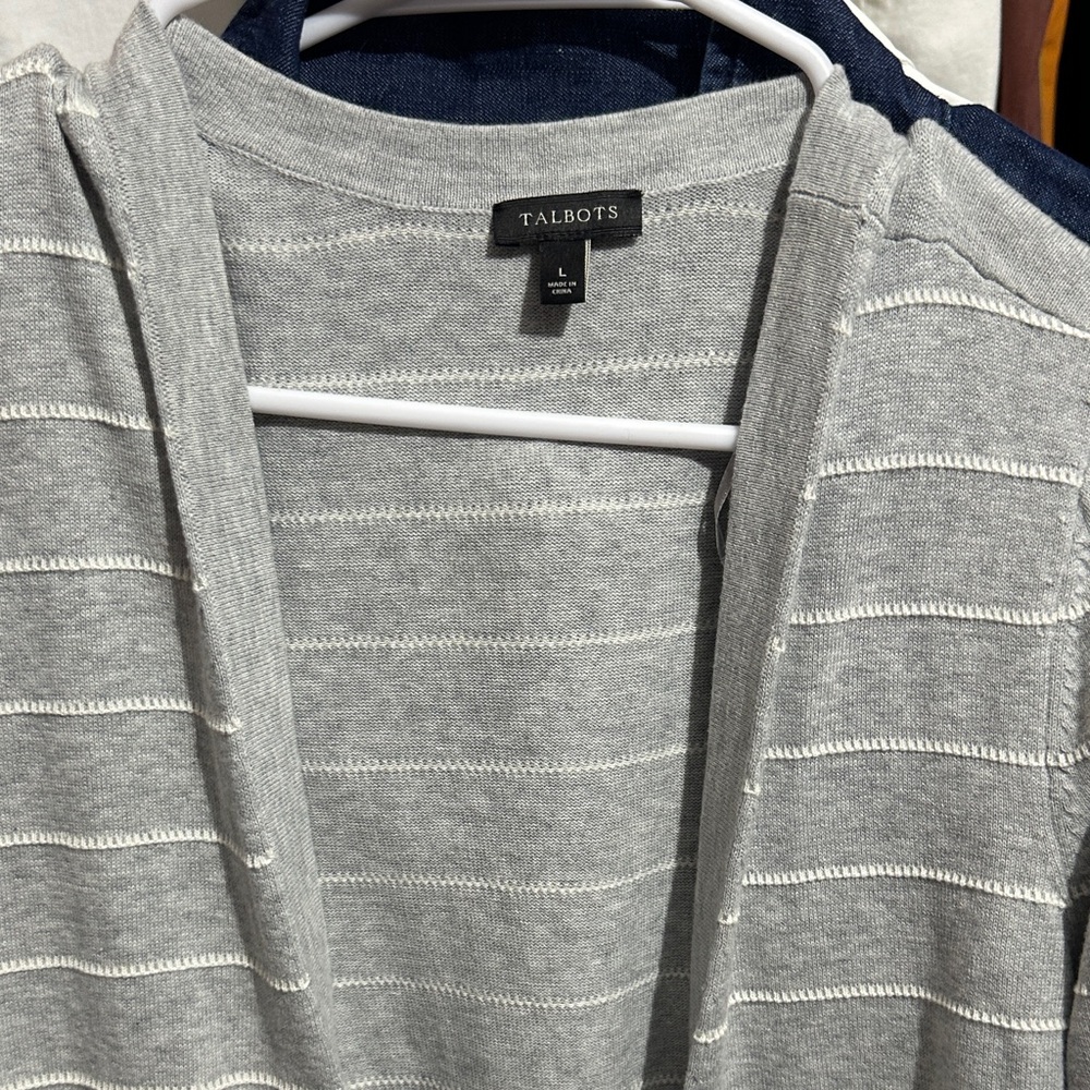 Talbots Light Gray and White Striped Sweater